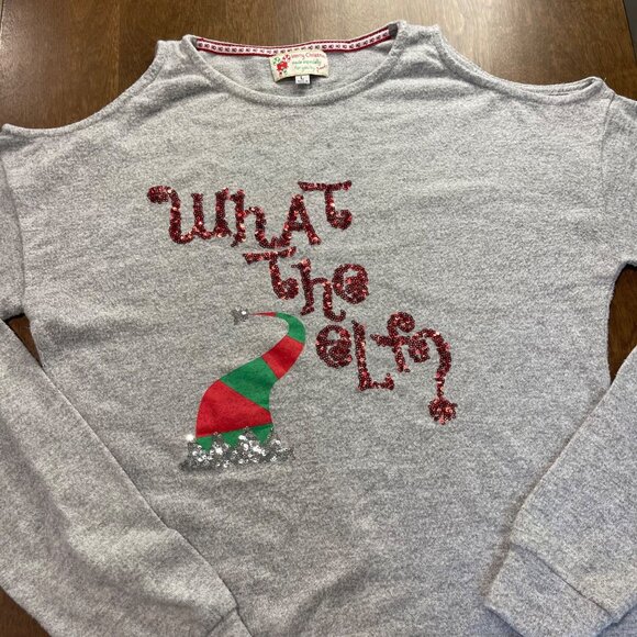 Poof 'What the Elf' Sweater JUNIORS Size Large Ugly Party Holiday Christmas Gray - Picture 5 of 10
